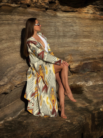 Grey, Yellow & Red Ikat Kaftan 'Bukhara'