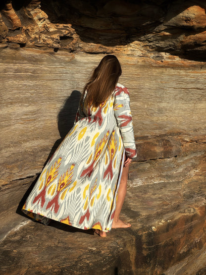 Grey, Yellow & Red Ikat Kaftan 'Bukhara'